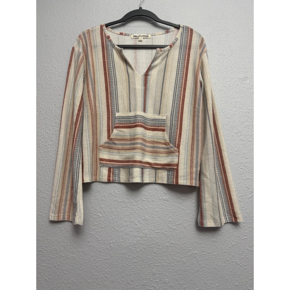 Wallflower Women Medium Striped Baja Pullover V-Neck Kangaroo Pocket‎ Top Rust